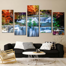 Load image into Gallery viewer, thailand waterfall canvas wall art colorful autumn forest waterfall canvas huay mae kamin waterfall 5 piece canvas print In Living room
