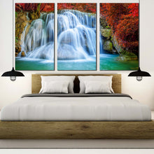 Load image into Gallery viewer, thailand waterfall canvas wall art colorful waterfall scenery canvas print kanchanaburi huai mae khamin waterfall 3 piece multi canvas In Bedroom

