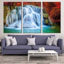 Load image into Gallery viewer, thailand waterfall canvas wall art colorful waterfall scenery canvas print kanchanaburi huai mae khamin waterfall 3 piece multi canvas For Living Room
