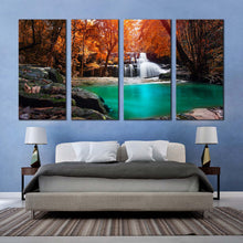 Load image into Gallery viewer, thailand waterfall canvas wall art exotic waterfall in orange forest 4 piece canvas print mae kamin waterfall canvas set blue water scenery multi canvas For Your Bedroom
