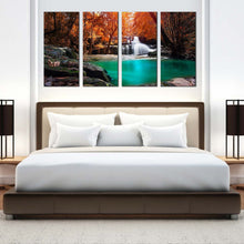 Load image into Gallery viewer, thailand waterfall canvas wall art exotic waterfall in orange forest 4 piece canvas print mae kamin waterfall canvas set blue water scenery multi canvas For Bedroom
