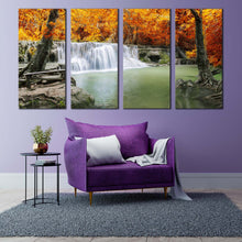 Load image into Gallery viewer, thailand waterfall canvas wall art green lake river canvas print orange autumn trees forest waterfall 4 piece canvas set For Living Room
