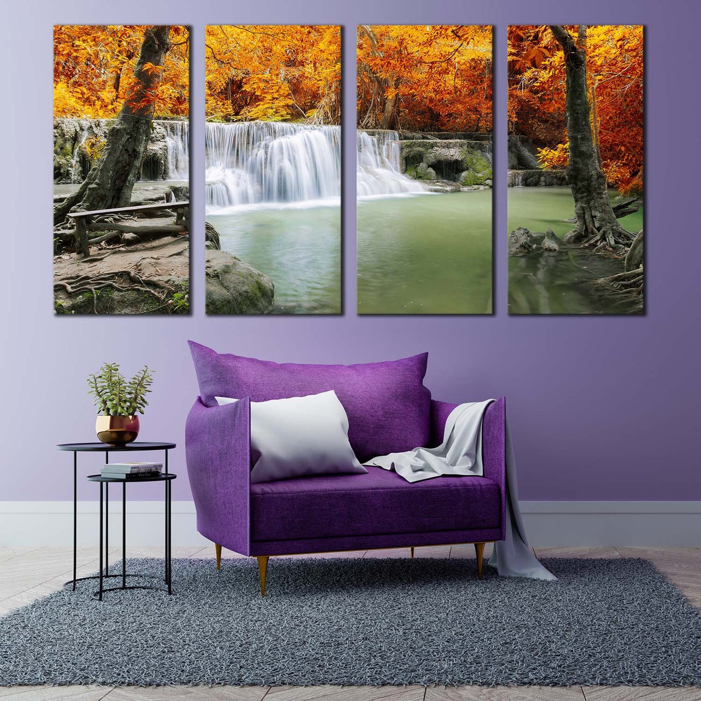 thailand waterfall canvas wall art green lake river canvas print orange autumn trees forest waterfall 4 piece canvas set For Living Room