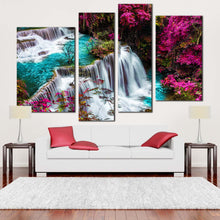 Load image into Gallery viewer, thailand waterfall canvas wall art kanchanabur huai mae khamin waterfall multiple canvas colorful forest waterfall scenery 4 piece canvas print for your living room 
