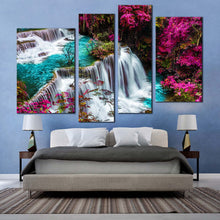 Load image into Gallery viewer, thailand waterfall canvas wall art kanchanabur huai mae khamin waterfall multiple canvas colorful forest waterfall scenery 4 piece canvas print in bedroom
