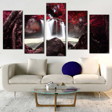 Load image into Gallery viewer, thailand  waterfall  canvas  wall  art  stunning  khao  yai  national  park  5  piece  canvas  print  red  trees  waterfall  scenery  multi  canvas  artwork In Living Room
