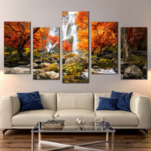 Load image into Gallery viewer, thailand waterfall canvas wall art waterfall rock forest orange trees 5 piece canvas amazing white waterfall scenery canvas print In Living room
