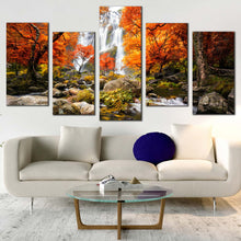 Load image into Gallery viewer, thailand waterfall canvas wall art waterfall rock forest orange trees 5 piece canvas amazing white waterfall scenery canvas print For Your Living Room
