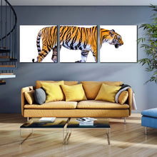 Load image into Gallery viewer, tiger  isolate  canvas  wall  art  yellow  white  tiger  profile  side  3  piece  canvas  print  tiger  portrait  triptych  multi  canvas  artwork In Living Room
