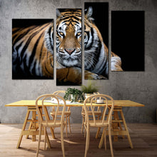 Load image into Gallery viewer, tiger portrait canvas wall art orange tiger sitting 4 piece multiple canvas beautiful tiger canvas print in living room
