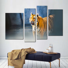 Load image into Gallery viewer, tiger portrait canvas wall art tiger wildlife 4 piece canvas print yellow white tiger roar canvas set in living room
