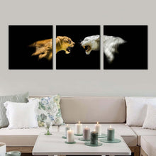 Load image into Gallery viewer, tiger  roaring  canvas  wall  art  white  yellow  tiger  roar  3  piece  multi  canvas  isolated  lions  canvas  print In Living Room
