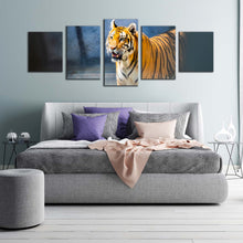 Load image into Gallery viewer, tiger staring canvas wall art tiger looking 5 piece canvas print white yellow big tiger wildlife multiple canvas wild cat canvas set For Bedroom
