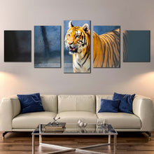 Load image into Gallery viewer, tiger staring canvas wall art tiger looking 5 piece canvas print white yellow big tiger wildlife multiple canvas wild cat canvas set For Living room
