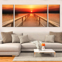 Load image into Gallery viewer, timber pier landscape sea sky clouds view triptych wall art In Living Room
