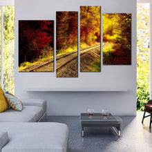 Load image into Gallery viewer, train track thru forest autumn 4 piece wall art home decor 
