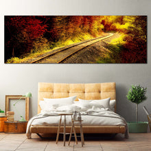 Load image into Gallery viewer, train  tracks  thru  forest  sunshine  panoramic  canvas  prints For Bedroom
