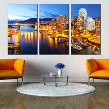 Load image into Gallery viewer, triptych canvas of Vancouver city lights at Night Reflecting in the Canal In Living room
