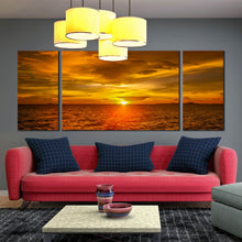 Load image into Gallery viewer, triptych canvas print Sunset Ocean Waves Dramatic Golden Sky In Living Room
