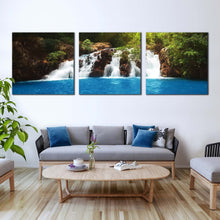 Load image into Gallery viewer, tropical  forest  canvas  wall  art  streaming  water  green  forest  canvas  set  waterfall  blue  water  3  piece  canvas  print In Living Room
