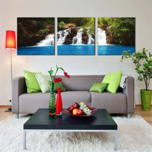 Load image into Gallery viewer, tropical  forest  canvas  wall  art  streaming  water  green  forest  canvas  set  waterfall  blue  water  3  piece  canvas  print For Living Room
