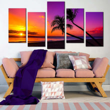 Load image into Gallery viewer, tropical scenery canvas print colorful ocean sky 5 piece canvas wall art yellow sunset ocean canvas set In Living Room
