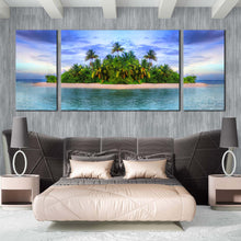 Load image into Gallery viewer, tropical Green Island Cloudy Blue Sky beach triptych canvas prints In Bedroom
