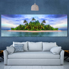 Load image into Gallery viewer, tropical  island  beach  with  palm  trees  blue  sky  large  canvas  wall  art In Living Room
