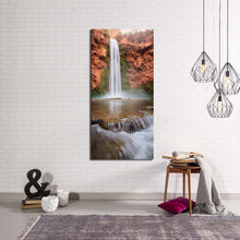 Load image into Gallery viewer, turquoise  waterfalls  canvas  print  arizona  white  mooney  falls  canvas  artwork  brown  canyon  waterfall  vertical  canvas  wall  art In Living room
