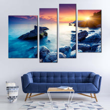 Load image into Gallery viewer, ukraine ocean canvas print blue europe ocean rocks boulders multiple canvas cloudy sunset sky ocean 4 piece canvas wall art in living room
