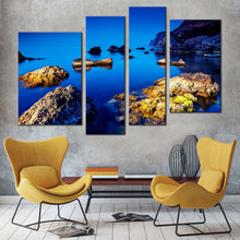 Load image into Gallery viewer, ukraine ocean canvas print blue sky ocean 4 piece canvas wall art europe brown ocean rocks boulders multiple canvas in living room
