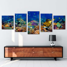 Load image into Gallery viewer, underwater reef canvas wall art blue aquarium 5 piece canvas print colorful fish underwater multi canvas artwork

