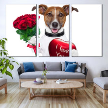 Load image into Gallery viewer, valentine dog canvas wall art brown dog holding heart 3 piece canvas print dog animal holding red roses triptych multi canvas In Living Room
