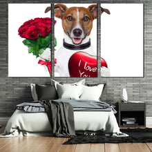 Load image into Gallery viewer, valentine dog canvas wall art brown dog holding heart 3 piece canvas print dog animal holding red roses triptych multi canvas For Bedroom
