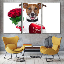 Load image into Gallery viewer, valentine dog canvas wall art brown dog holding heart 3 piece canvas print dog animal holding red roses triptych multi canvas For Living Room
