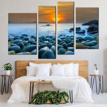 Load image into Gallery viewer, vietnam ocean canvas wall art ocean rocks multiple canvas blue stony beach ocean 4 piece canvas print quy nhon bay orange sunrise canvas set in bedroom
