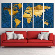 Load image into Gallery viewer, vintage map canvas wall art blue flat world multiple canvas yellow abstract world map 5 piece canvas print In Living Room
