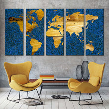 Load image into Gallery viewer, vintage map canvas wall art blue flat world multiple canvas yellow abstract world map 5 piece canvas print For Living Room
