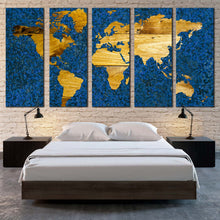 Load image into Gallery viewer, vintage map canvas wall art blue flat world multiple canvas yellow abstract world map 5 piece canvas print For Bedroom
