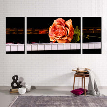 Load image into Gallery viewer, vintage rose canvas wall art isolated pink rose 3 piece canvas print white black piano keyboard triptych canvas set
