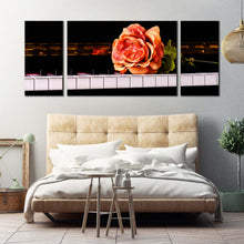 Load image into Gallery viewer, vintage rose canvas wall art isolated pink rose 3 piece canvas print white black piano keyboard triptych canvas set For Bedroom
