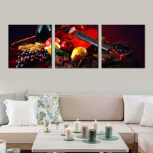 Load image into Gallery viewer, violin  fruits  canvas  wall  art  wine  bottle  3  piece  canvas  print  colorful  fruits  still  life  wine  canvas  set For Living Room

