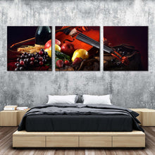 Load image into Gallery viewer, violin  fruits  canvas  wall  art  wine  bottle  3  piece  canvas  print  colorful  fruits  still  life  wine  canvas  set In Bedroom
