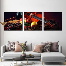 Load image into Gallery viewer, violin  fruits  canvas  wall  art  wine  bottle  3  piece  canvas  print  colorful  fruits  still  life  wine  canvas  set In Living Room
