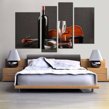 Load image into Gallery viewer, violin wine canvas wall art wine glasses and brown violin 4 piece canvas print black wine bottle multi canvas artwork for bedroom
