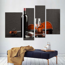 Load image into Gallery viewer, violin wine canvas wall art wine glasses and brown violin 4 piece canvas print black wine bottle multi canvas artwork for your living room 
