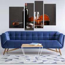 Load image into Gallery viewer, violin wine canvas wall art wine glasses and brown violin 4 piece canvas print black wine bottle multi canvas artwork in living room
