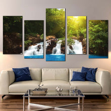 Load image into Gallery viewer, water forest canvas wall art tropical waterfall blue water multi canvas streaming water green forest 5 piece canvas print In Living room
