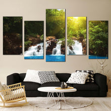 Load image into Gallery viewer, water forest canvas wall art tropical waterfall blue water multi canvas streaming water green forest 5 piece canvas print For Living room
