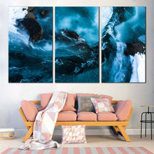 Load image into Gallery viewer, water rocks canvas wall art skaftafell national park aerial view canvas set blue snow ice river 3 piece canvas print In Living Room
